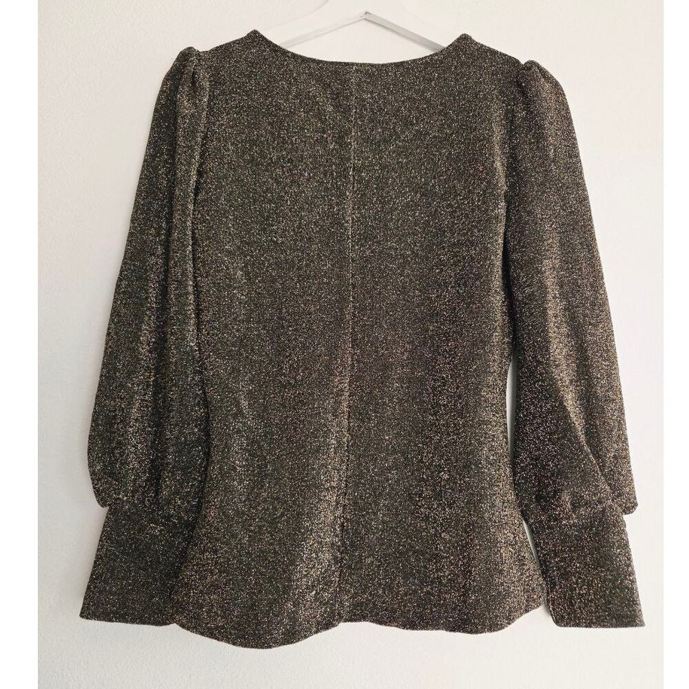 Alex & Parker Metallic Lurex Puff Sleeve Top Small Gold Balloon Sleeve Blouse - Picture 3 of 10